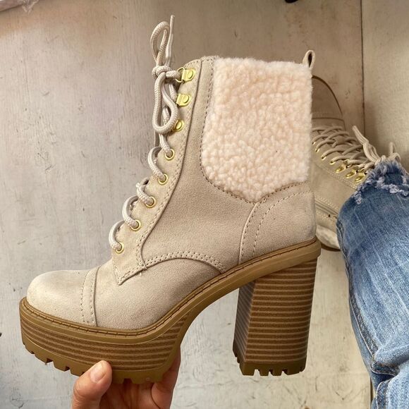 Beige Faux Fur Motorcycle Platform Booties - Picture 4 of 5